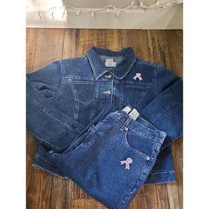 French Dressing FDJ Women’s Denim Jacket And Matching Jeans Pink Ribbon Accent